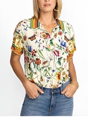 Johnny Was Womens Cottagecore Felix Bamboo Floral Short Sleeve Polo Shirt  XS